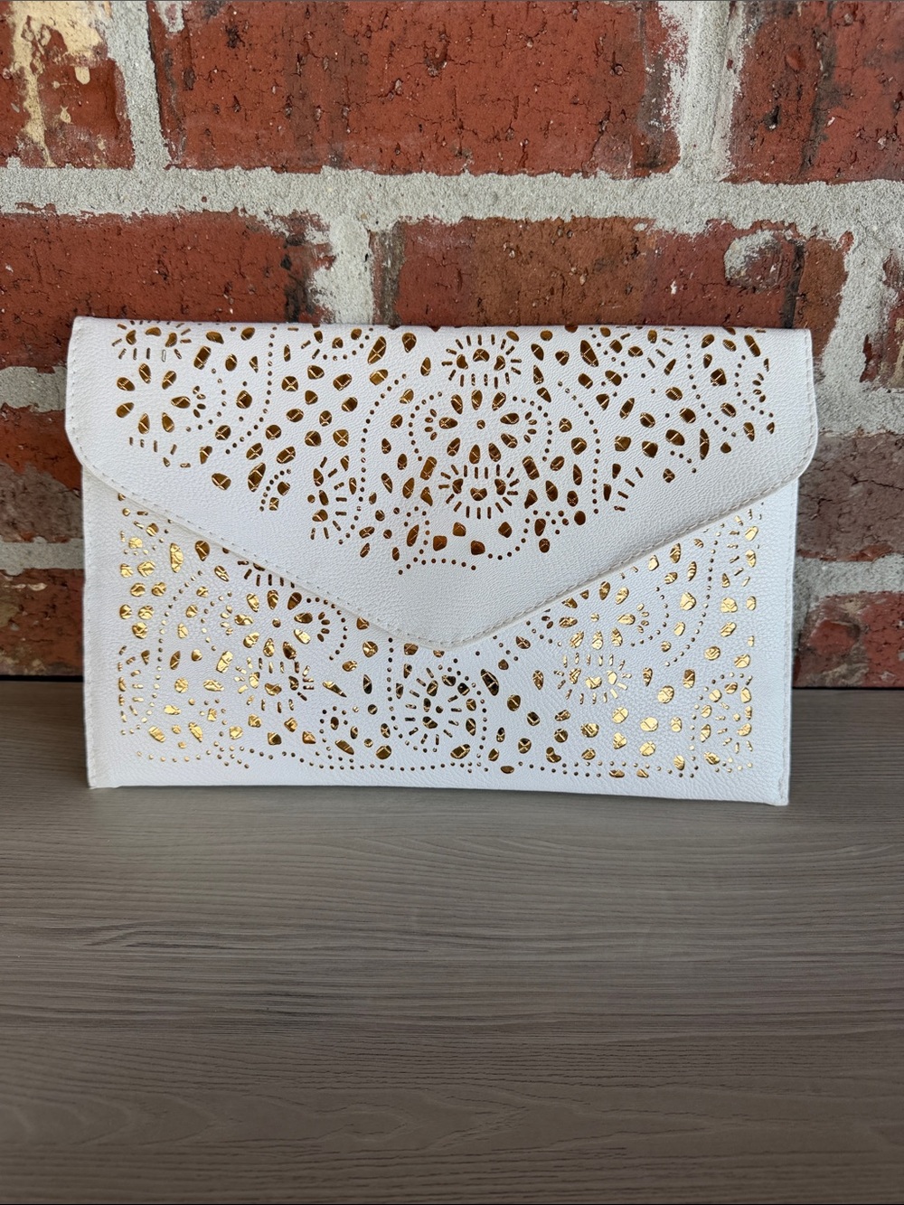 White & Gold Laser-Cut Envelope Clutch